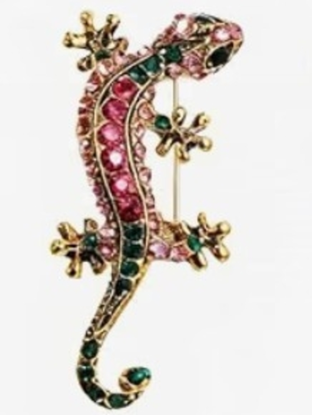 Gold-tone Pink & Green Crystal Gecko Pin Brooch